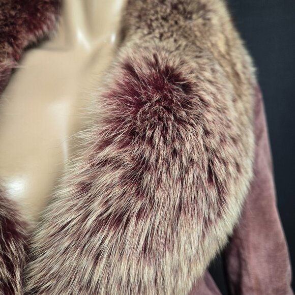 Y2K Suede Fitted Jacket Fox Fur Collar Size S Dusty Mauve Boho Glam Fall Autumn - Picture 3 of 16